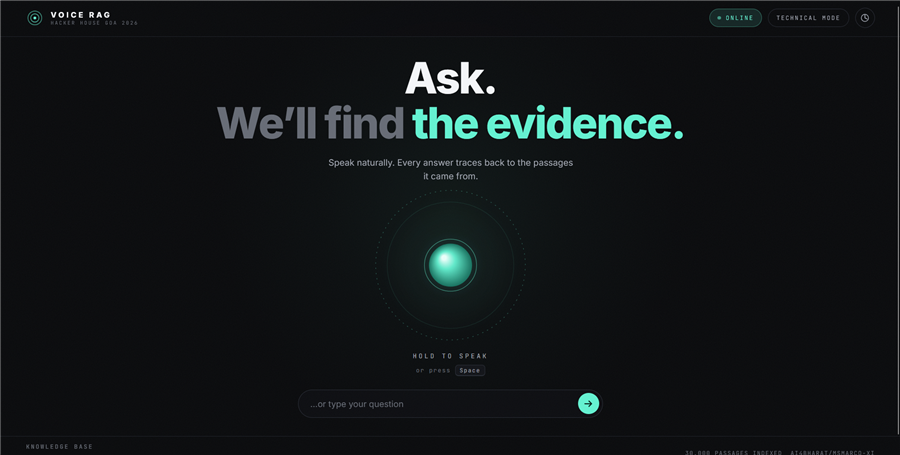VOICE-RAG interface: a spoken question with evidence drawer, guard decision chain, and per-stage latency breakdown